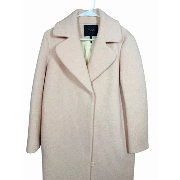 Maje Paris 36/4 Pink Wool Coat Boucle Long Jacket Minimalist Soft Blush Lined - Picture 4 of 16